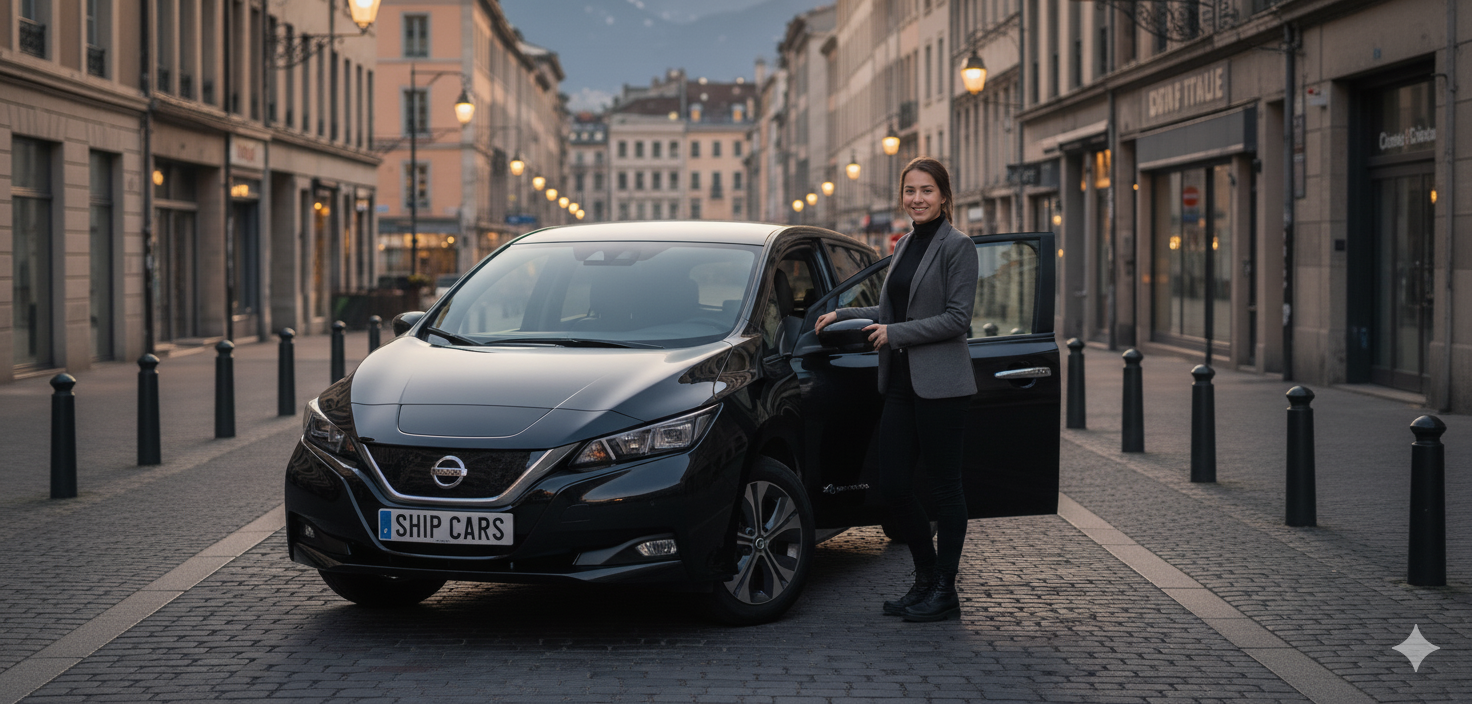 Lise, chauffeure VTC de Ship Cars, avec sa Nissan Leaf noire à Grenoble